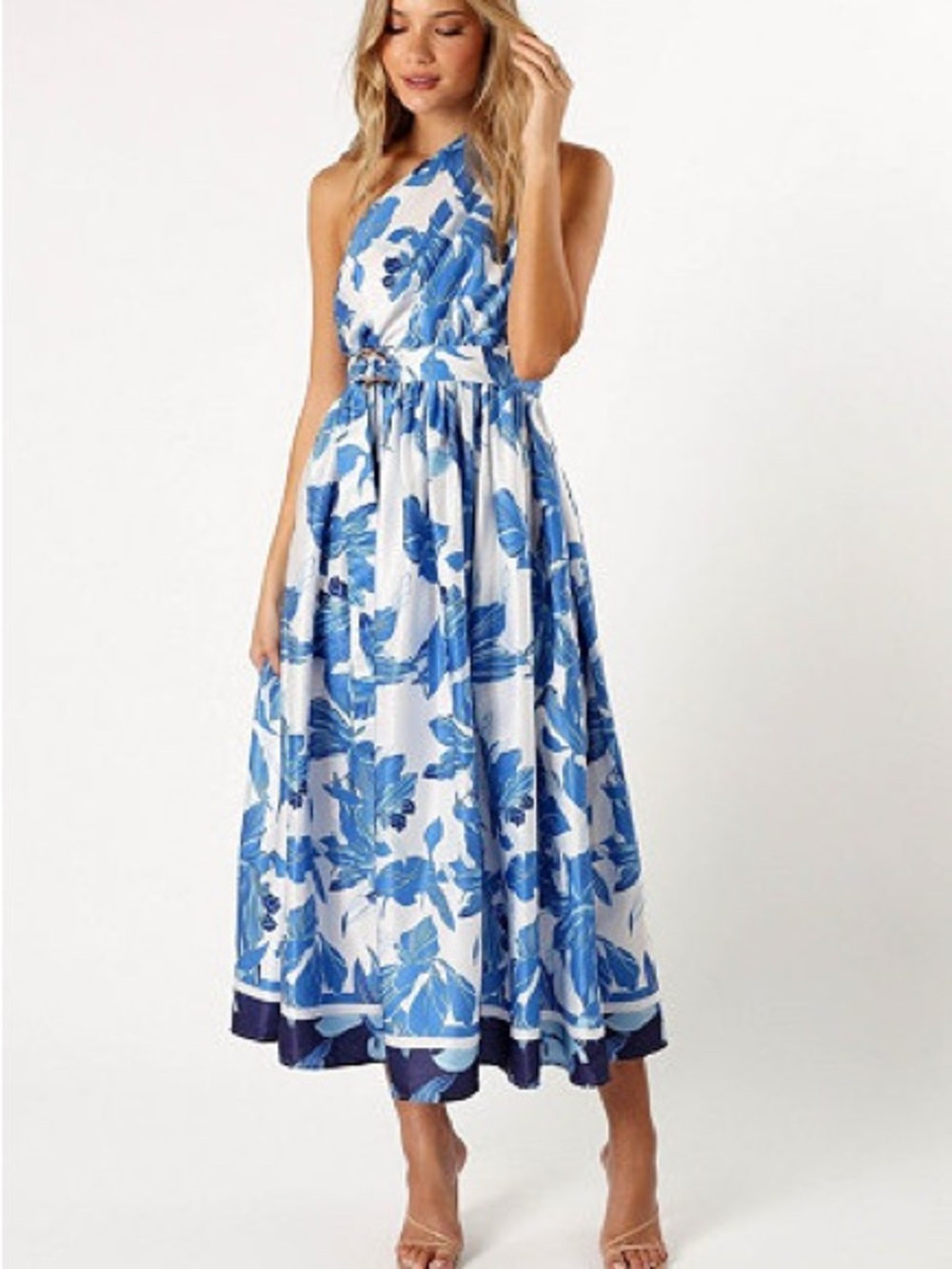 NWT Petal and Pup Naomi One Shoulder Blue Floral Belted Midi Satin Dress